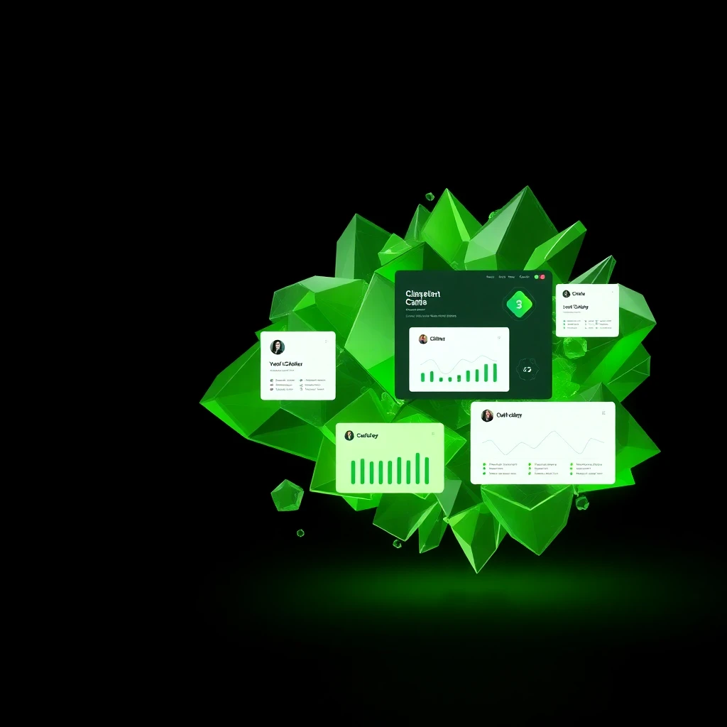 Abstract cover of a Client Management App showing client cards and dashboards.