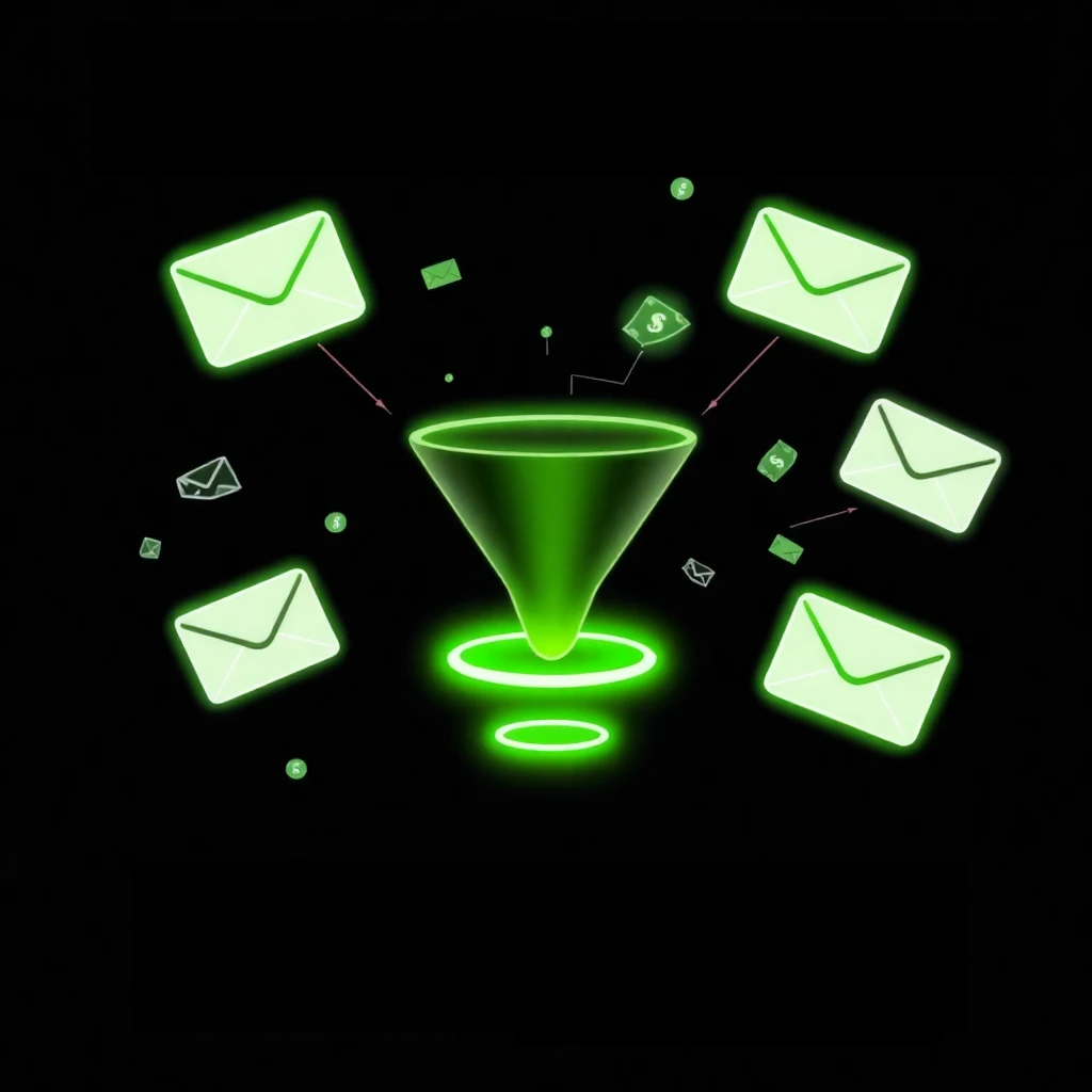 Sales funnel with email icons and dollar bills representing conversion and monetization.